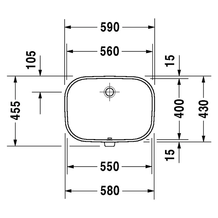 Duravit D-Code Unterbauwaschbecken - 58 x 45,5 cm, Ohne Spezialglasur, Hahnloch: Ohne, Mit Überlauf, Weiß - Technische Zeichnung eines Aufsatzwaschtischs mit rechteckiger Form und abgerundeten Ecken, inklusive Maße für Installation.