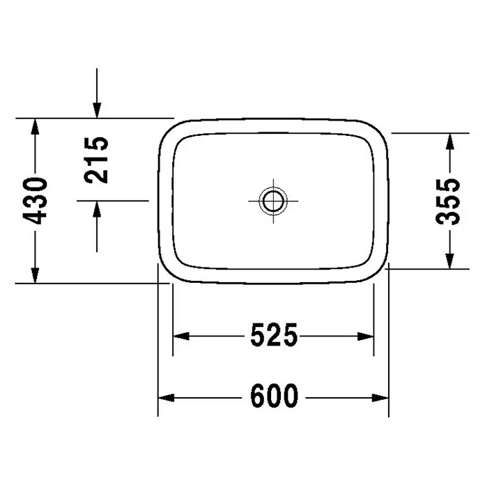 Duravit DuraStyle Einbauwaschbecken - 60 x 43 cm, Ohne Spezialglasur, Hahnloch: Ohne, Ohne Überlauf, Weiß - Draufsicht auf ein rechteckiges Waschbecken mit abgerundeten Ecken und Maßangaben.