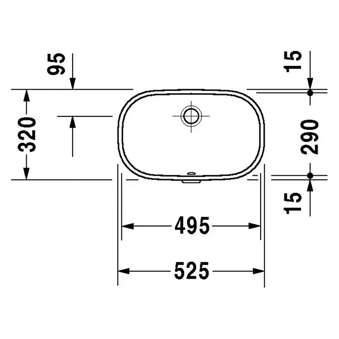 Duravit D-Code Unterbauwaschbecken - 52,5 x 32 cm, Ohne Spezialglasur, Hahnloch: Ohne, Mit Überlauf, Weiß - Waschbecken-Draufsicht mit Maßangaben. Das Becken ist oval mit abgerundeten Ecken und hat ein Ablaufloch in der Mitte.