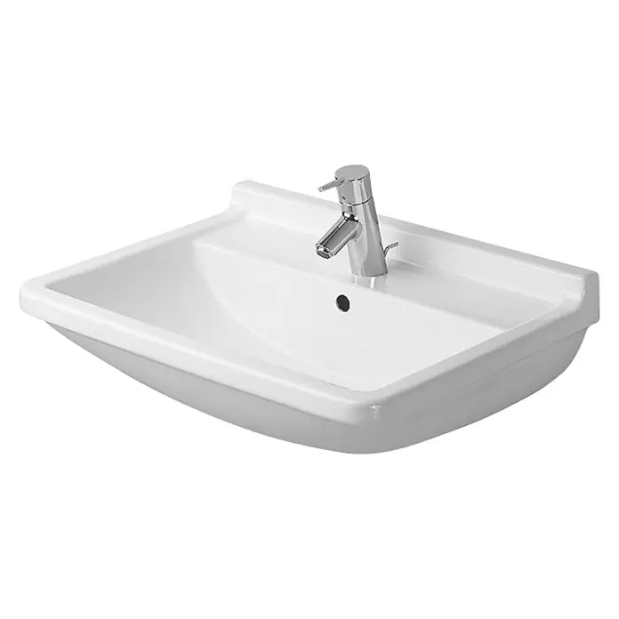 Duravit Starck 3 Waschtisch Typ 2 - 55 x 43 cm, Ohne Spezialglasur, Hahnloch: Mitte, Mit Überlauf, Weiß - Ein weißes Waschbecken mit einem modernen Chrom-Wasserhahn für eine stilvolle Badgestaltung.