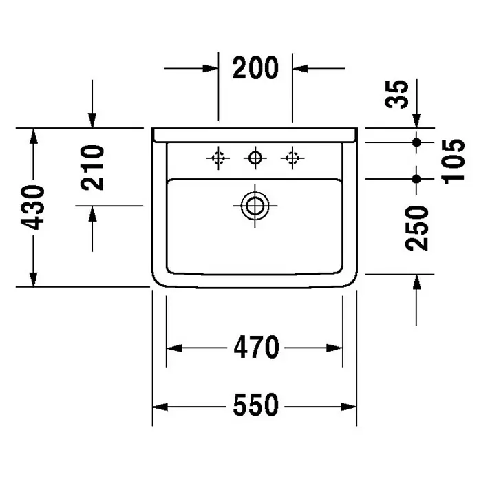 Duravit Starck 3 Waschtisch Typ 2 - 55 x 43 cm, Ohne Spezialglasur, Hahnloch: Mitte, Mit Überlauf, Weiß - Technische Zeichnung eines Aufsatzwaschtischs mit Maßangaben zu Breite, Tiefe und Höhe.