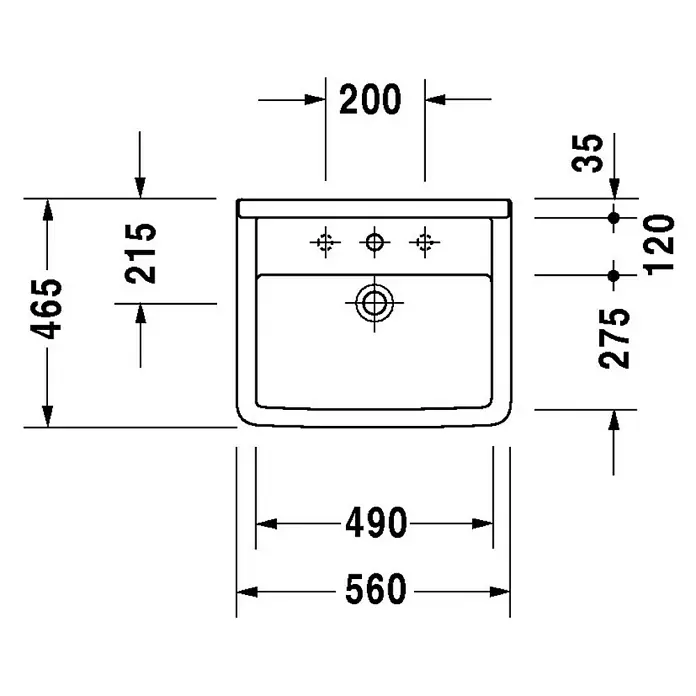 Duravit Starck 3 Einbauwaschbecken - 56 x 46,5 cm, Ohne Spezialglasur, Hahnloch: Mitte, Mit Überlauf, Weiß - Abbildung eines Waschbeckens mit Maßangaben, die die Größe und Abmessungen des Produkts verdeutlichen.