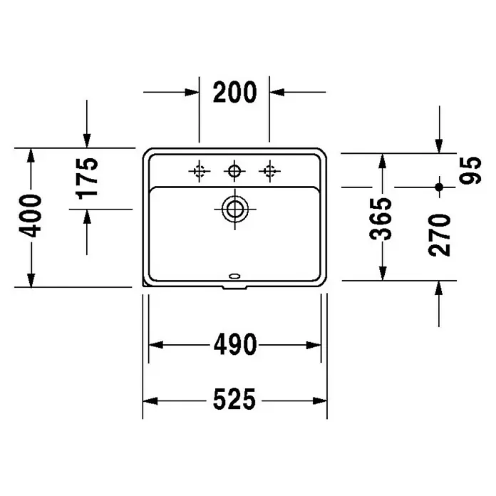 Duravit Starck 3 Unterbauwaschbecken - 52,5 x 40 cm, Ohne Spezialglasur, Anzahl Hahnlöcher: 1, Mit Überlauf, Weiß - Technische Zeichnung eines rechteckigen Waschbeckens mit detaillierten Maßangaben in Millimetern für Installationszwecke.