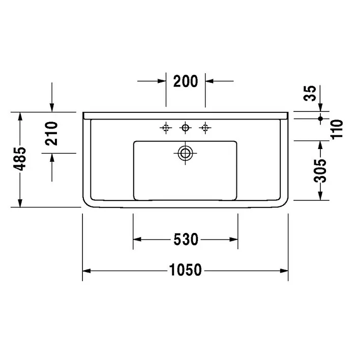 Duravit Starck 3 Waschtisch Typ 1 - 105 x 48,5 cm, Ohne Spezialglasur, Hahnloch: Mitte, Mit Überlauf, Weiß - Technische Zeichnung eines Waschtisches mit Maßangaben für die Installation und Planung im Badezimmer.