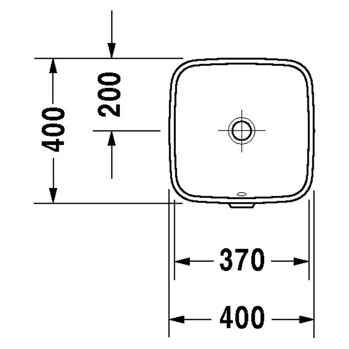 Duravit DuraStyle Einbauwaschbecken Typ 2 - 40 x 40 cm, Ohne Spezialglasur, Hahnloch: Ohne, Ohne Überlauf, Weiß - Technische Zeichnung eines rechteckigen Aufsatzwaschbeckens mit abgerundeten Ecken und den Maßen 400 x 400 mm.