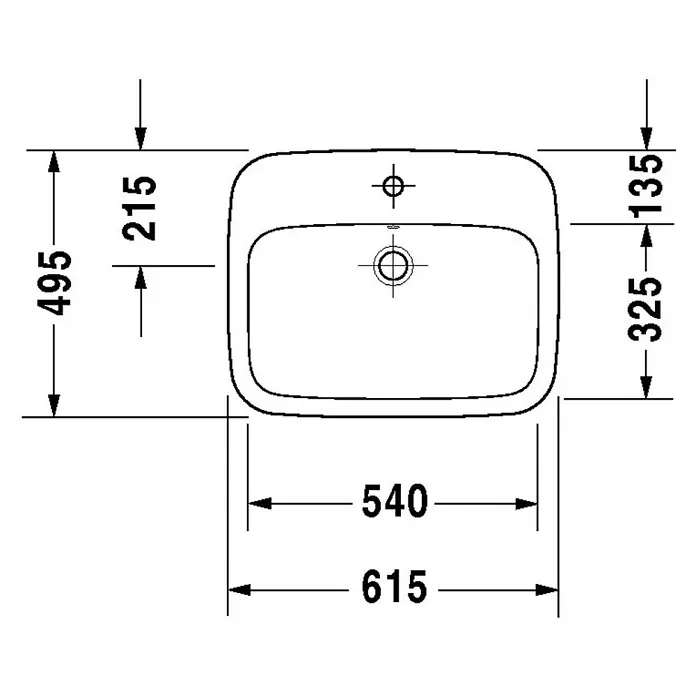 Duravit DuraStyle Einbauwaschbecken - 61,5 x 49,5 cm, Ohne Spezialglasur, Hahnloch: Mitte, Mit Überlauf, Weiß - Draufsicht auf ein Waschbecken mit Maßangaben. Die Maße des Waschbeckens sind in Millimetern angegeben.