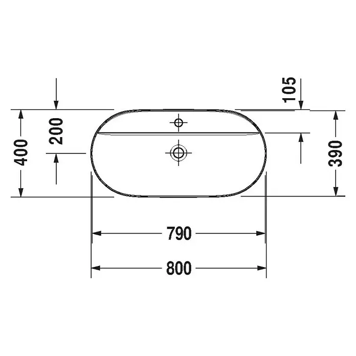 Duravit Luv Aufsatzwaschbecken - 80 x 40 cm, Ohne Spezialglasur, Hahnloch: Mitte, Ohne Überlauf, Weiß - Produktzeichnung eines Waschbeckens mit Maßangaben. Die Skizze zeigt die Abmessungen des Aufsatzwaschbeckens.