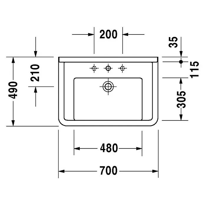 Duravit Starck 3 Waschtisch Typ 3 - 70 x 49 cm, Ohne Spezialglasur, Anzahl Hahnlöcher: 1, Mit Überlauf, Weiß - Technische Zeichnung eines Waschbeckens mit Bemaßungen für Installation und Planung. Die Maße sind in Millimetern angegeben.