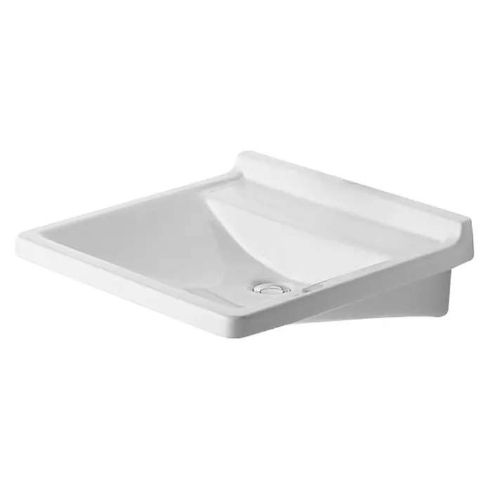 Duravit Starck 3 Waschtisch Vital Med - 60 x 54,5 cm, Ohne Spezialglasur, Hahnloch: Ohne, Ohne Überlauf, Weiß - Ein weißes Aufsatzwaschbecken mit rechteckiger Form und abgerundeten Kanten. Das Waschbecken hat eine glatte Oberfläche und einen mittigen Ablauf.