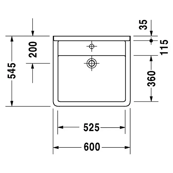 Duravit Starck 3 Waschtisch Vital Med - 60 x 54,5 cm, Ohne Spezialglasur, Hahnloch: Ohne, Ohne Überlauf, Weiß - Waschbecken-Draufsicht mit Bemaßung, die eine detaillierte Darstellung der Abmessungen bietet, ideal für Badplanung und Design.