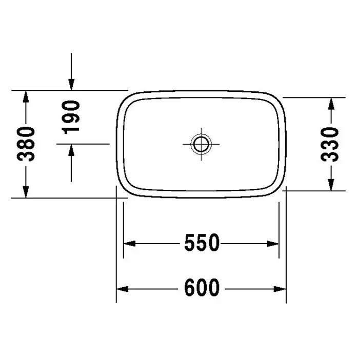 Duravit DuraStyle Aufsatzwaschbecken - 60 x 38 cm, Ohne Spezialglasur, Hahnloch: Ohne, Ohne Überlauf, Weiß - Technische Zeichnung eines rechteckigen Waschbeckens mit abgerundeten Ecken und den Maßen 600x380mm, Innenmaß 550x330mm und einem Abstand von 190mm.