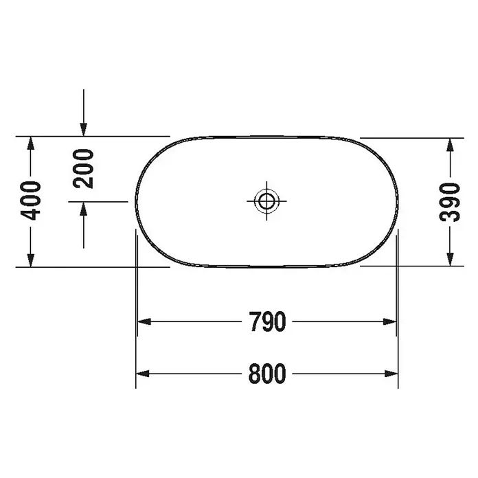 Duravit Luv Aufsatzwaschbecken - 80 x 40 cm, Ohne Spezialglasur, Hahnloch: Ohne, Ohne Überlauf, Weiß Seidenmatt - Technische Zeichnung eines ovalen Waschtisches mit Bemaßungen (400 x 800 mm) für Installationszwecke.