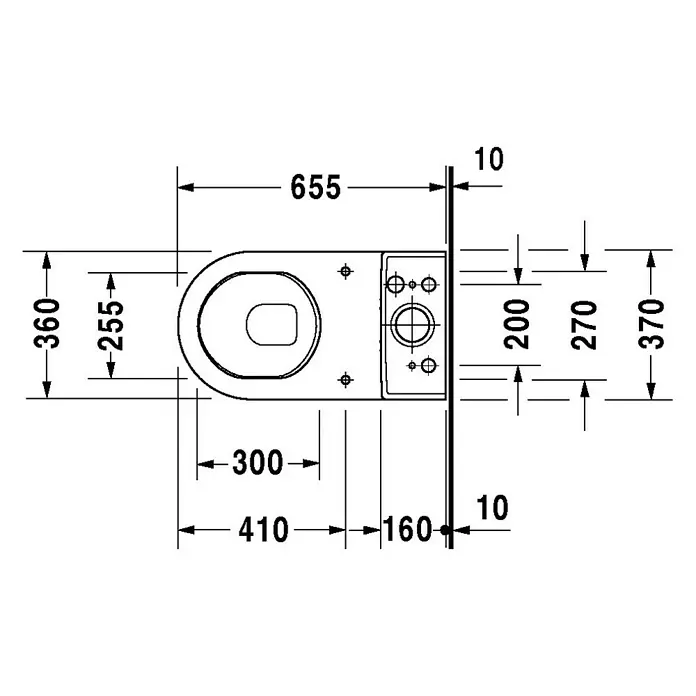 Duravit Starck 3 Stand-WC für Kombination - Mit Spülrand, Mit schmutzabweisender Glasur, Spülform: Tief, WC Abgang: Senkrecht, Weiß - Schematische Darstellung einer Toilette mit verschiedenen Maßangaben für Installationsdetails und Abmessungen des Produkts.