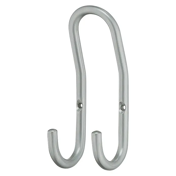 Häfele Gancho para colgar - An x Al: 60 x 150 mm, Acero inoxidable - Primer plano de un gancho de pared doble plateado, ideal para baños o guardarropas, para un almacenamiento elegante de toallas y ropa.