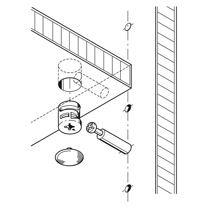 Häfele Racor de conexión excéntrica Minifix - Específico para: Grosores de madera a partir de 16 mm, 100 ud. - Una vista explosionada de un accesorio de mueble utilizado para ensamblar componentes de muebles.