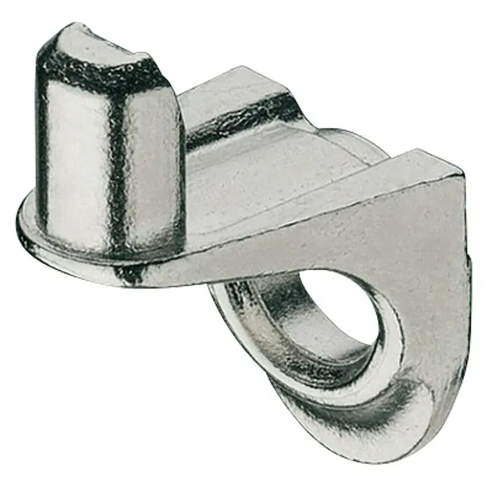 Suki Soporte para estantes - Específico para: Diámetro del orificio 3 ó 5 mm - Primer plano de un soporte de estante plateado brillante, utilizado para montar estantes dentro de los muebles.