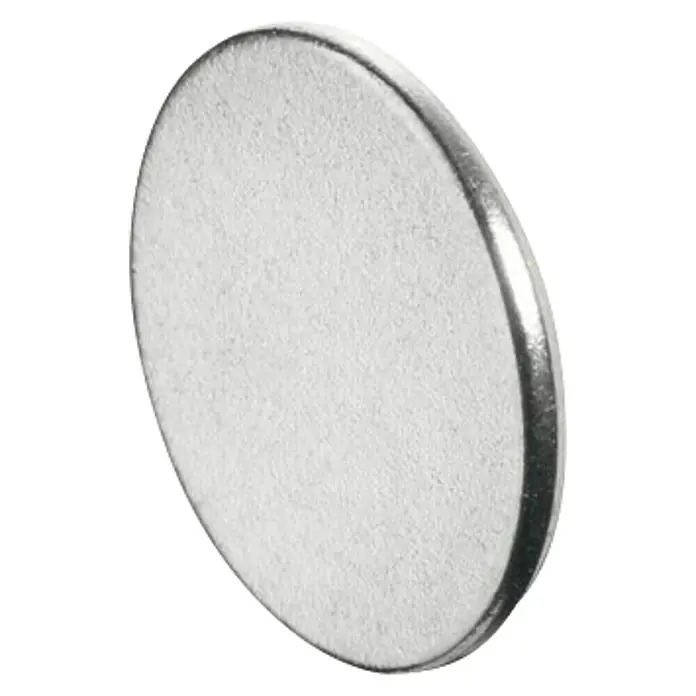 Suki Contraplaca - 20 mm, Zincado - Primer plano de un imán de neodimio redondo con acabado plateado. Ideal para hobbies, oficina o taller.