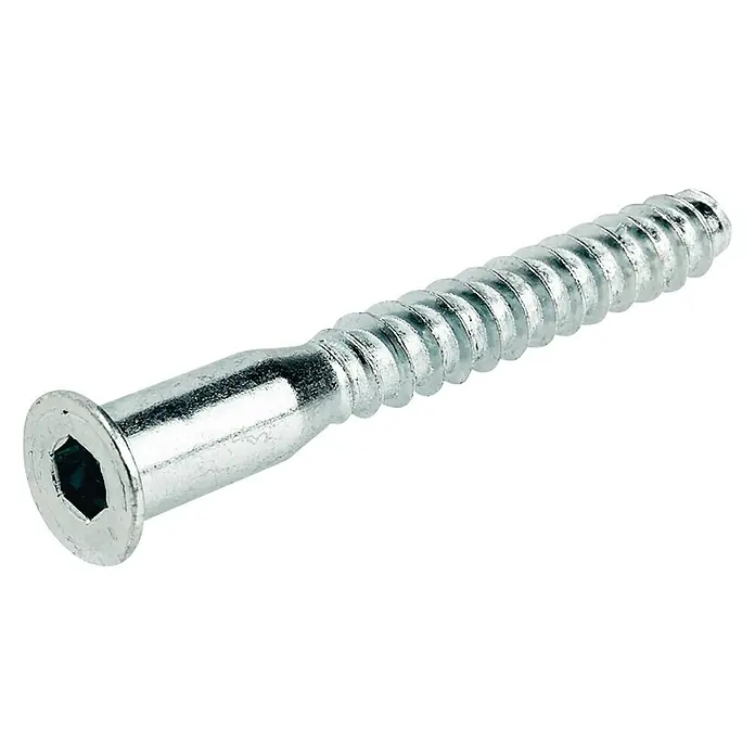 Suki Tornillo de unión - Ø x L: 7 x 50 mm, Casquillo hexagonal SW4 - Primer plano de un tornillo avellanado brillante con un encastre hexagonal, ideal para conexiones de madera con superficie lisa.