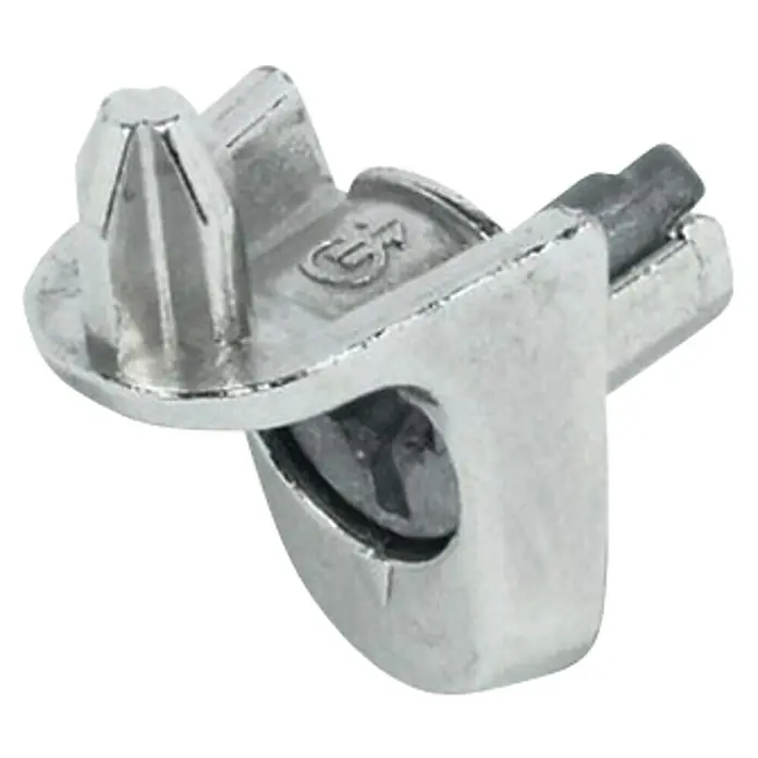 Häfele Soporte para estantes - An x Al: 12 x 15,5 mm - Primer plano de un conector de cromo para gabinetes, perfecto para el montaje y reparación de muebles. Diseño duradero que garantiza conexiones duraderas.