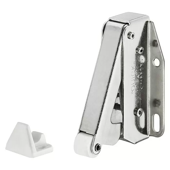 Suki Cerradura de resorte - L x An x Al: 57 x 28 x 18 mm, Zincado - Retén de rodillo de metal pulido con rodillo de plástico blanco y pequeña placa de tope blanca.