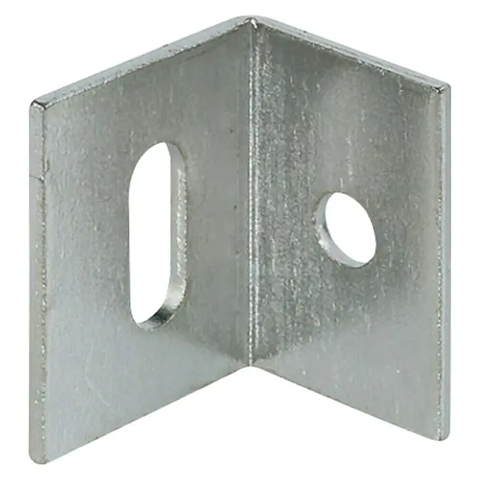 Suki Conector en ángulo - L x An x Al: 25 x 17 x 21 mm, Niquelado - Primer plano de un perfil angular plateado con una ranura y un agujero, utilizado para fijación y soporte.