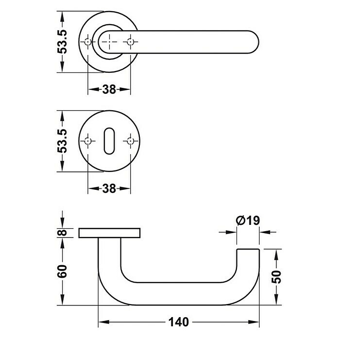 Häfele WC-Türgarnitur (Türstärke: 38 - 42 mm, Schlitzkopf/Olive SK/OL, Edelstahl, Form Drücker: Gebogen)