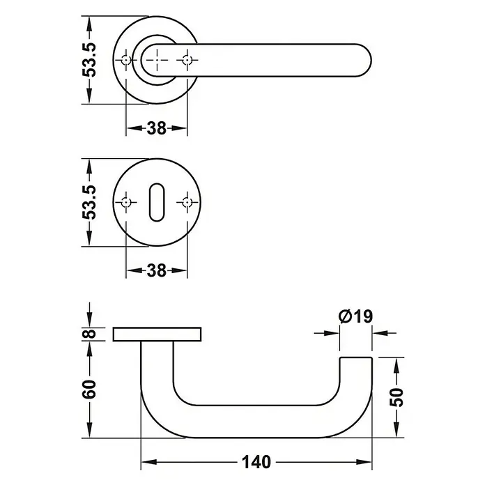 Häfele WC-Drückergarnitur - Schlitzkopf/Olive, Edelstahl, Gebogen - Abbildung eines Türgriffs mit Maßen. Der Griff hat eine Länge von 140 mm und einen Durchmesser von 19 mm.