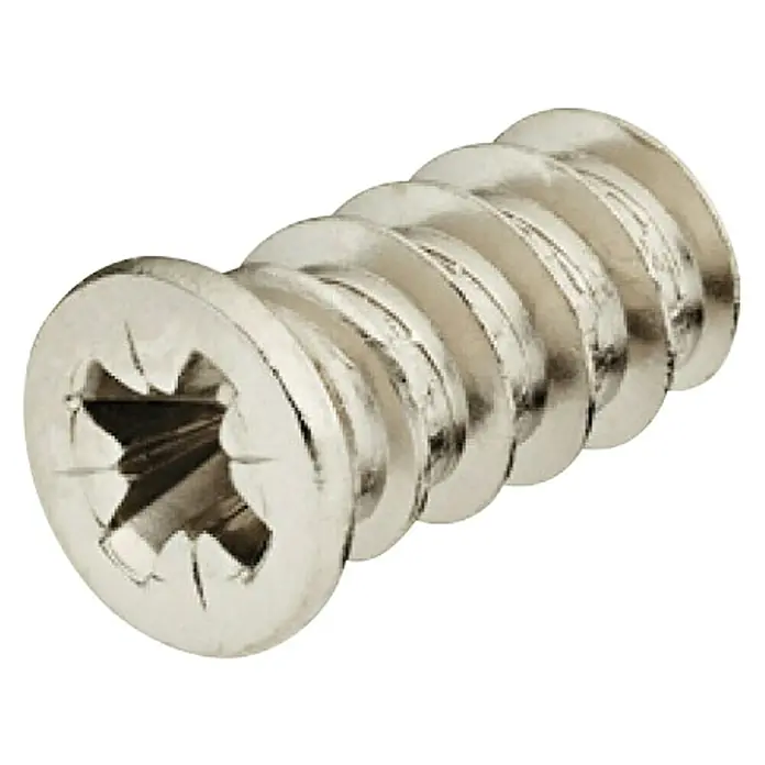 Suki Tornillo de cabeza plana - Niquelado, 1 ud., Ranura en cruz PZ 2 - Primer plano de un tornillo conector de muebles metálico con cabeza de estrella y rosca.