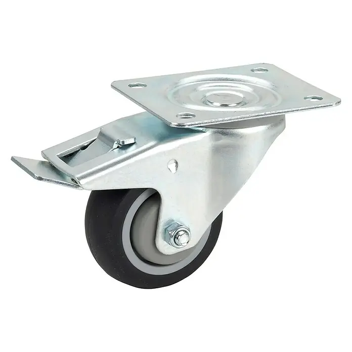 Dörner & Helmer Transportgeräterolle - Durchmesser Rolle: 80 mm, Traglast: 100 kg, Mit Platte und Feststeller - Rollenlager mit Feststellbremse. Das Rollenlager ist aus Metall gefertigt und hat eine schwarze Gummierung.