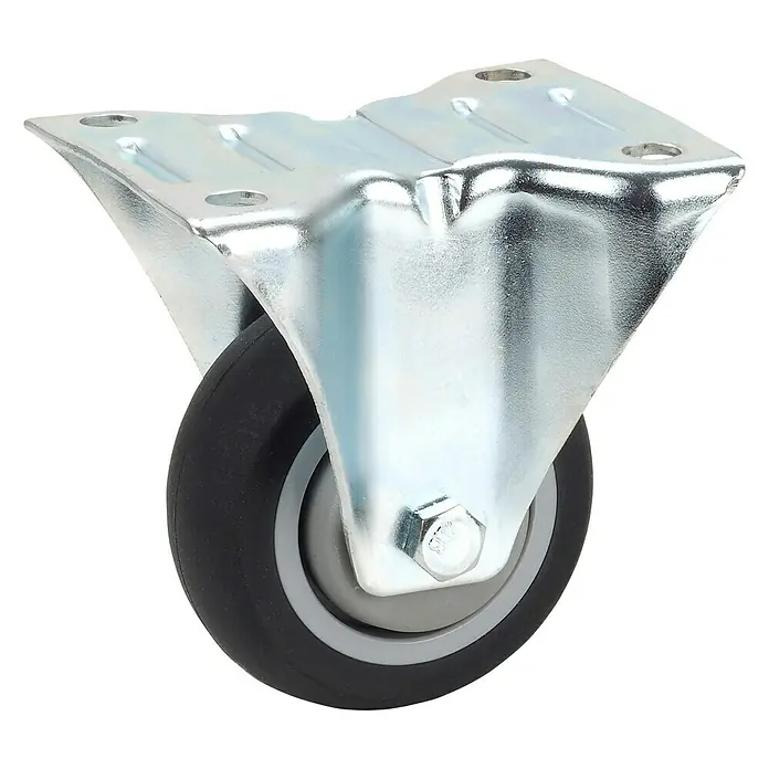 Dörner & Helmer Transportgeräte-Bockrolle - Durchmesser Rolle: 80 mm, Kugellager, Mit Platte - Nahaufnahme eines Schwerlast-Lenkrollen mit schwarzem Rad und verzinktem Gehäuse, ideal für industrielle Anwendungen.