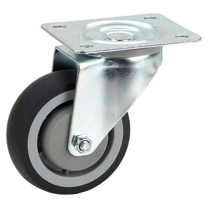 Dörner & Helmer Transportgeräterolle - Durchmesser Rolle: 100 mm, Traglast: 120 kg, Mit Platte - Nahaufnahme eines Lenkrollenrades mit schwarzer Lauffläche, grauer Felge und silberner Metallhalterung. Ideal für Möbel oder industrielle Anwendungen.