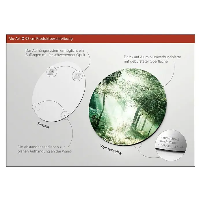 ProArt Bild - Forest Harmony VI, Durchmesser: 100 cm - Produktbeschreibung für Alu-Art Ø 98 cm: Aufhängesystem ermöglicht freischwebende Optik. Druck auf gebürsteter Aluminiumverbundplatte.