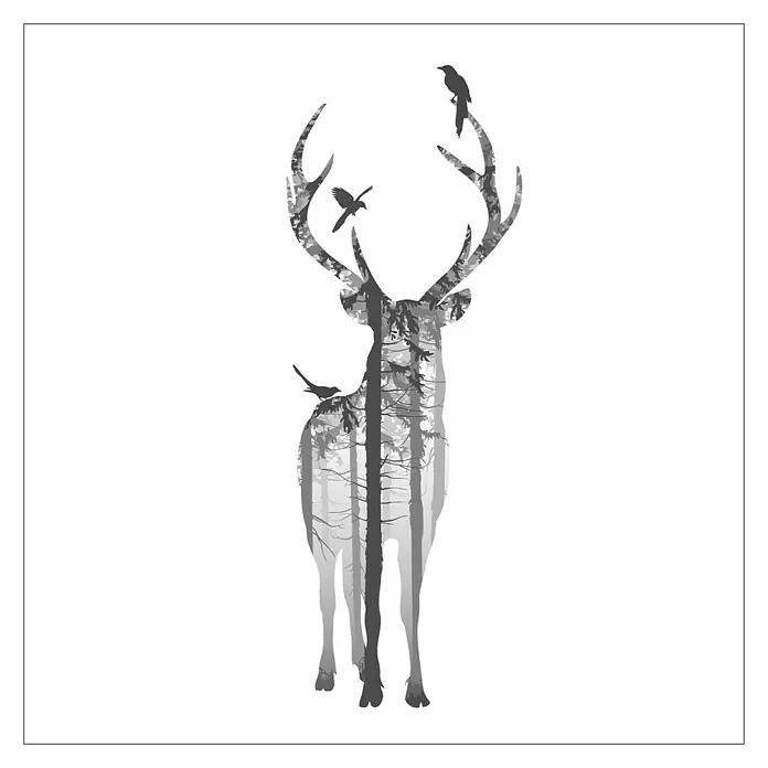 ProArt Leinwandbild - Deer with Birds, B x H: 30 x 30 cm - Hirsch-Silhouette Kunstdruck: Dieses Kunstwerk zeigt einen Hirsch, dessen Umriss mit einem dichten Wald gefüllt und mit Vögeln verziert ist.