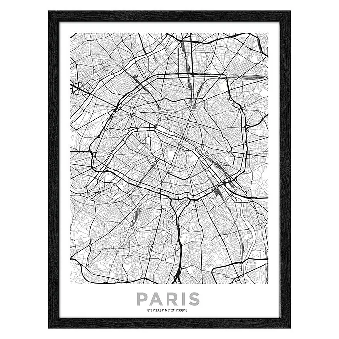 ProArt Bild - Paris Citymap, B x H: 30 x 40 cm - Schwarzer Holzrahmen mit einem stilvollen Paris-Kartenkunstdruck in Schwarzweiß, der die Straßen der Stadt zeigt.