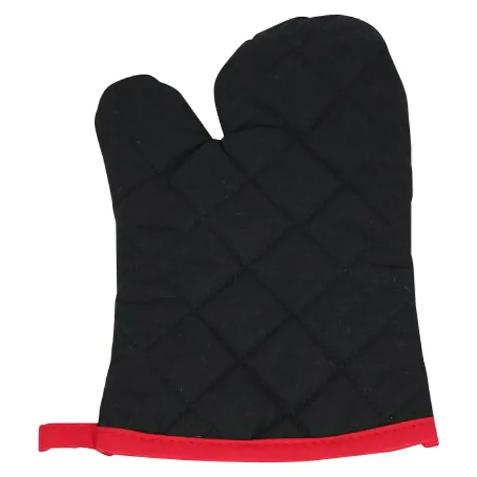 Thermohandschuh - Schwarz/Rot - Schwarzer Ofenhandschuh mit roter Bordüre und Rautenmuster für sicheres Hantieren mit heißen Gegenständen.