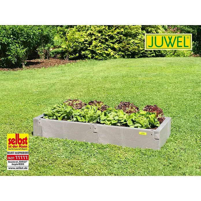 Juwel Hochbeet Timber - 130 x 60 x 20 cm - Das Bild zeigt ein JUWEL Hochbeet aus Kunststoff mit Salatpflanzen in einem Garten.