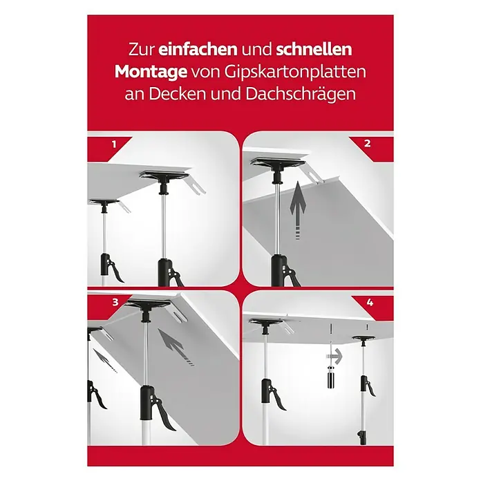 Schnellspann Deckenstützen & Türspanner Montagehilfe Gipskartonplatten - Passend für: bis zu 12,5 mm Plattenstärke - Montageanleitung für Gipskartonplatten an Decken und Dachschrägen mit einem Montagewerkzeug in vier Schritten.