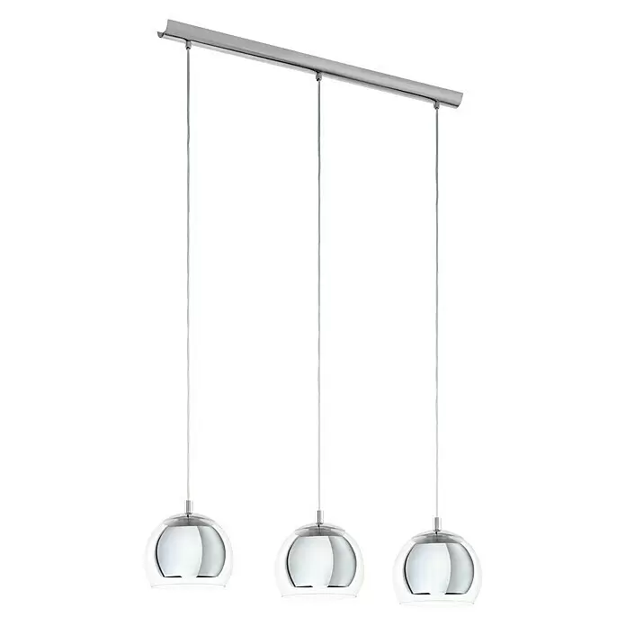 Eglo Lámpara colgante redonda Rocamar - Altura: 110 cm, Cromo, 120 W - Lámpara colgante de tres luces con pantallas esféricas de cristal claro y cromo en una barra lineal plateada.