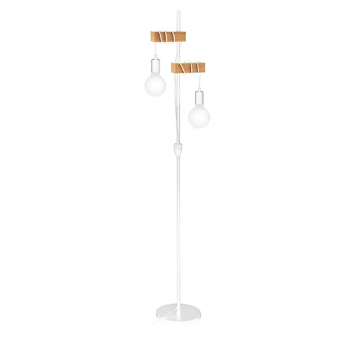 Eglo Townshend Lámpara de pie - An x Al: 25 x 166,5 cm, Blanco/Marrón - Una elegante lámpara de pie con dos bombillas unidas a detalles de madera, creando un ambiente moderno y elegante.