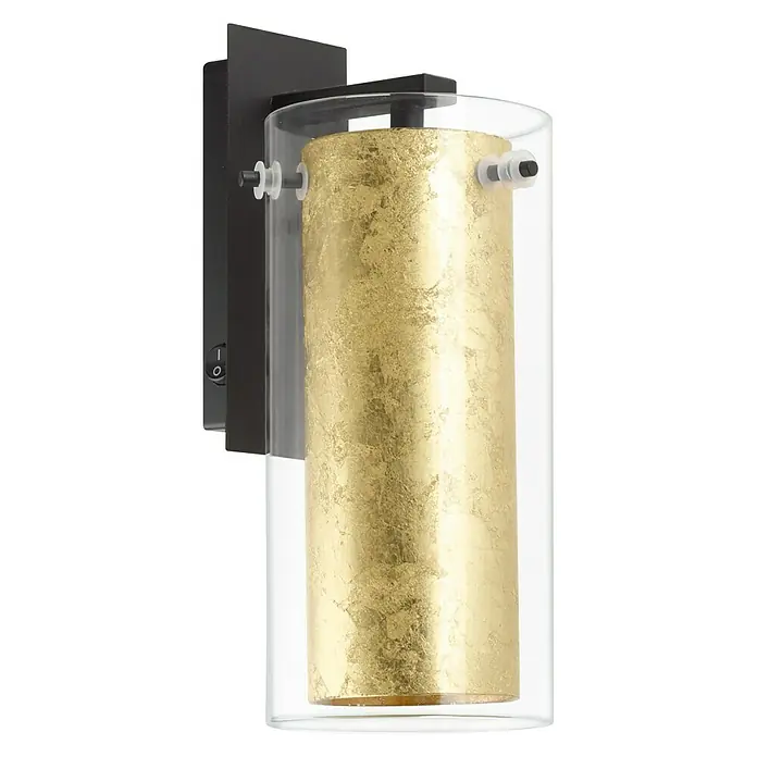 Eglo Pinto Gold Wandleuchte - 40 W, L x B x H: 11 x 15 x 27 cm, Schwarz/Gold, E27 - Elegante Wandleuchte mit einem zylindrischen Glasschirm und einer goldenen Innenfläche, die ein warmes Licht erzeugt. Die Lampe hat einen schwarzen Montagefuß.
