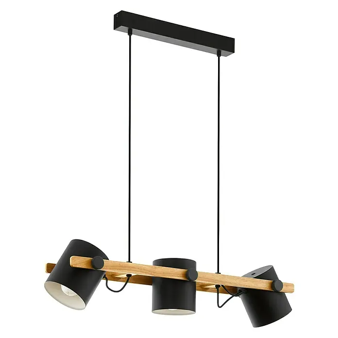 Eglo Hornwood Pendelleuchte - 180 W, L x B x H: 78 x 21 x 110 cm, Schwarz/Creme, E27 - Hängelampe mit drei Strahlern in Schwarz und Holzoptik. Diese moderne Lampe sorgt für stilvolle Beleuchtung.