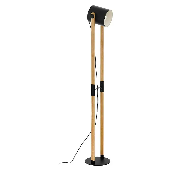 Eglo Hornwood Stehleuchte - Höhe: 140 cm - Schwarze Stehlampe mit Holzbeinen. Die Lampe hat einen zylindrischen Schirm und ein minimalistisches Design. Perfekt für moderne Wohnräume.