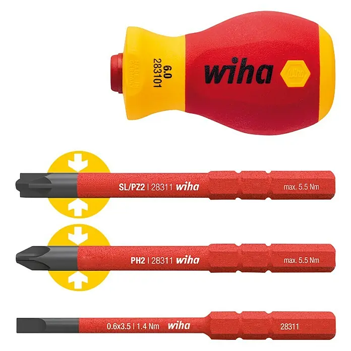 Wiha Schraubendreher-Set slimVario electric - 4 -tlg. - Wiha Stubby Magazin Bithalter mit einer Auswahl an Bits, ideal für enge Platzverhältnisse und vielfältige Schraubanwendungen.