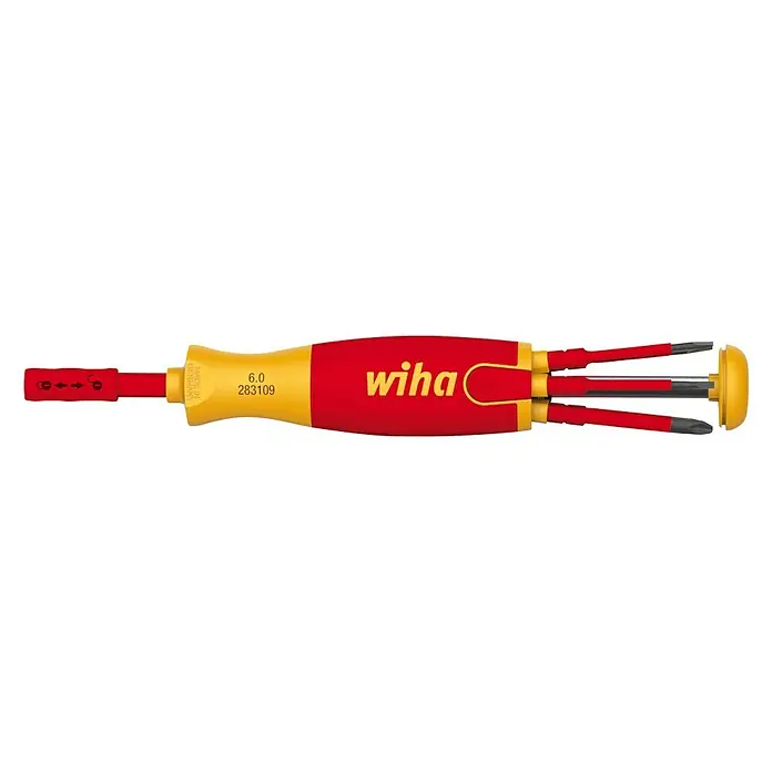 Wiha Umsteckschraubendreher LiftUp electric - Geeignet für: Schlitz und Kreuzschlitz PH, Bitdepot - Abbildung eines Wiha-Schraubendrehers mit auswechselbaren Bits, ideal für verschiedene Schraubarbeiten.