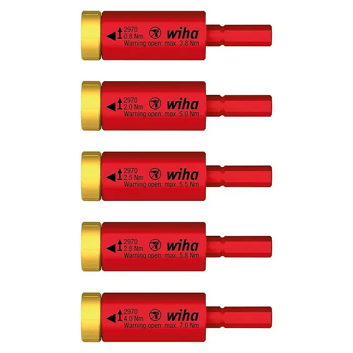 Wiha Drehmomentaufsatz easyTorque electric - 5 -tlg., Drehmoment: 0,8 Nm - Das Bild zeigt eine Auswahl von Wiha Drehmoment-Adaptern in Rot und Gold, die für präzise Schraubarbeiten entwickelt wurden.