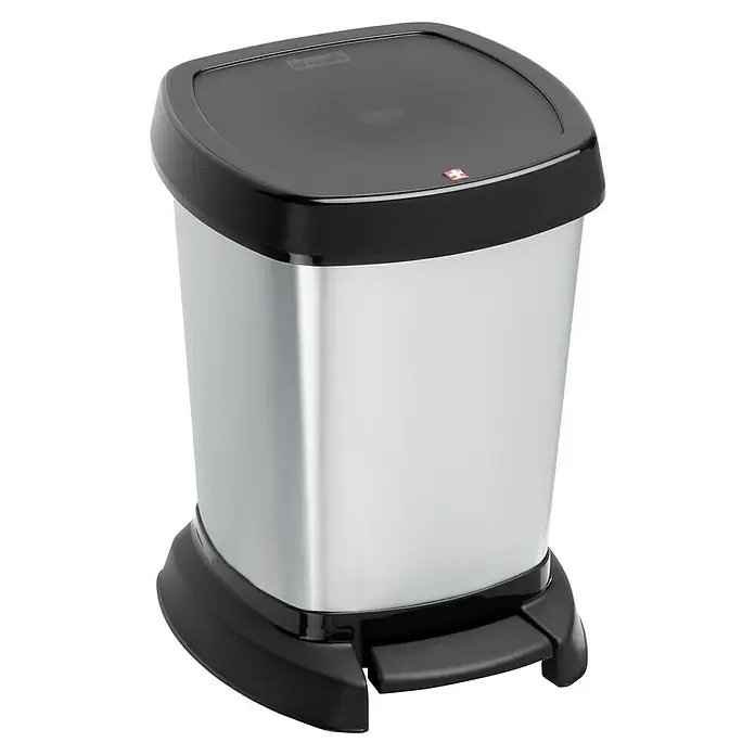 Rotho Kosmetikeimer Paso - 6 l, Metall, Schwarz/Silber-Metallic - Ein moderner, rechteckiger Abfalleimer aus Edelstahl mit schwarzem Deckel und Fußpedal für hygienische Abfallentsorgung.