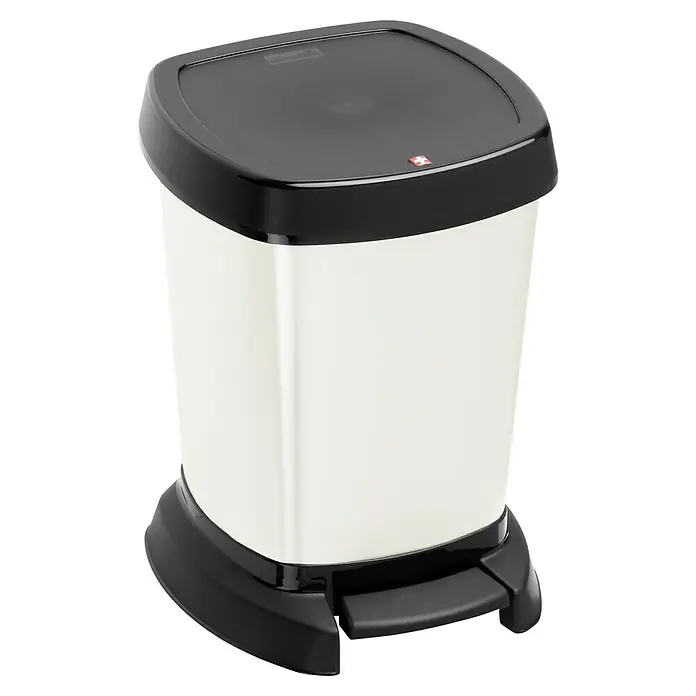 Rotho Kosmetikeimer Paso - 6 l, Metall, Schwarz/Cool-White - Ein moderner, eckiger Abfalleimer mit einem schwarzen Deckel und einem Fußpedal. Er ist ideal für Badezimmer, Küchen oder Büros.