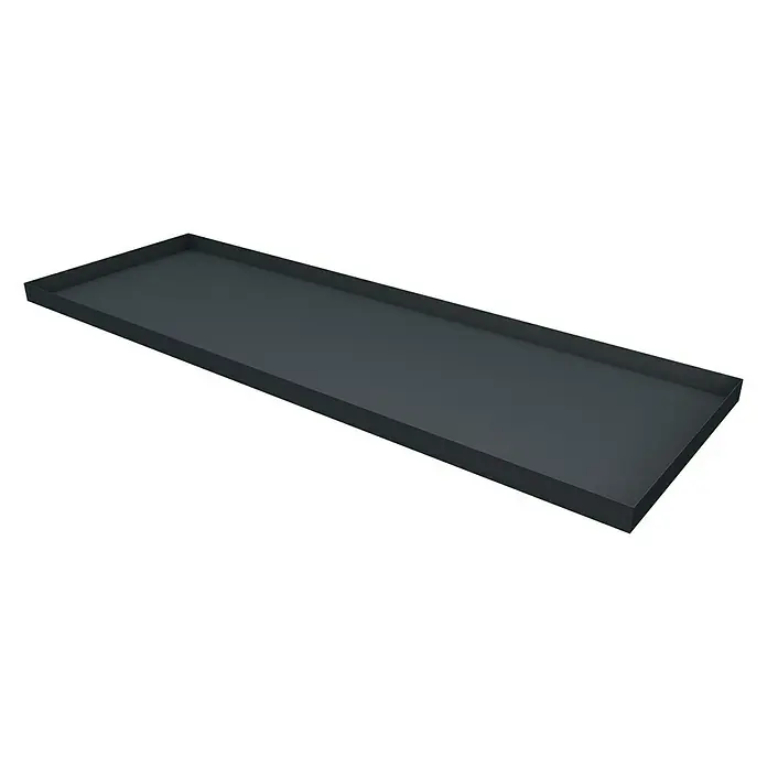 Gutta Kasten-Untersetzer Valenta 200 - L x B x H: 210 x 70 x 50 cm, Aluminium, Anthrazit - Eine flache, rechteckige, anthrazitfarbene Ablage/Tablett mit erhöhten Rändern, die eine moderne und minimalistische Ästhetik bietet.