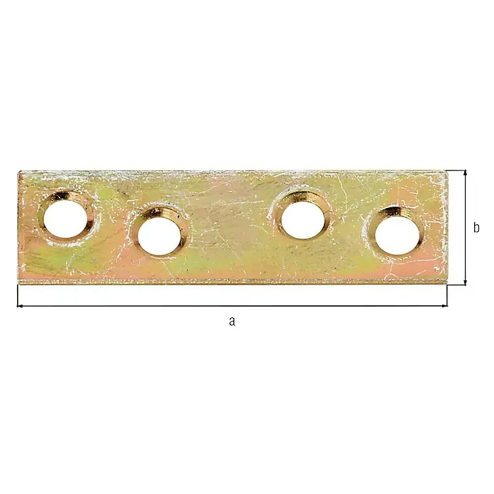 Alberts Flachverbinder - L x B: 50 x 14 mm, 1 Stk. - Goldene Verbindungsplatte mit vier Löchern zur Befestigung von Bauteilen, gekennzeichnet mit "a" für Länge und "b" für Breite.