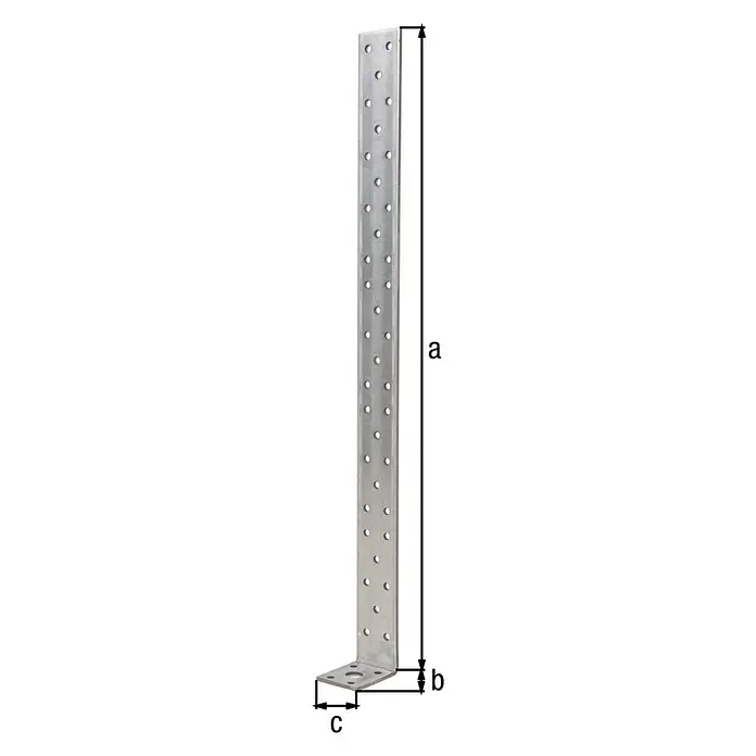 Alberts Zuganker - L x B x H: 500 x 54 x 40 mm - Bild eines Winkelverbinder mit Löchern und den Maßen a, b und c.